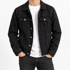 Men's Black Denim Jacket with Button Front and Chest Pockets - Dorotakora