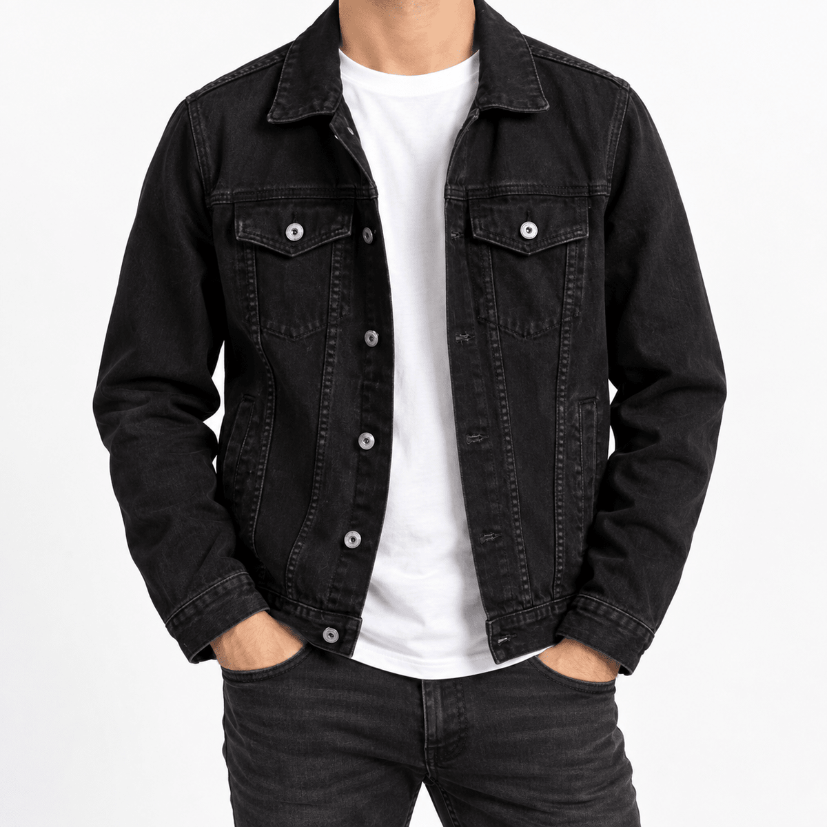 Men's Black Denim Jacket with Button Front and Chest Pockets - Dorotakora
