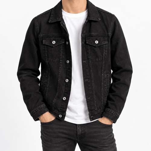 Men's Black Denim Jacket with Button Front and Chest Pockets - Dorotakora