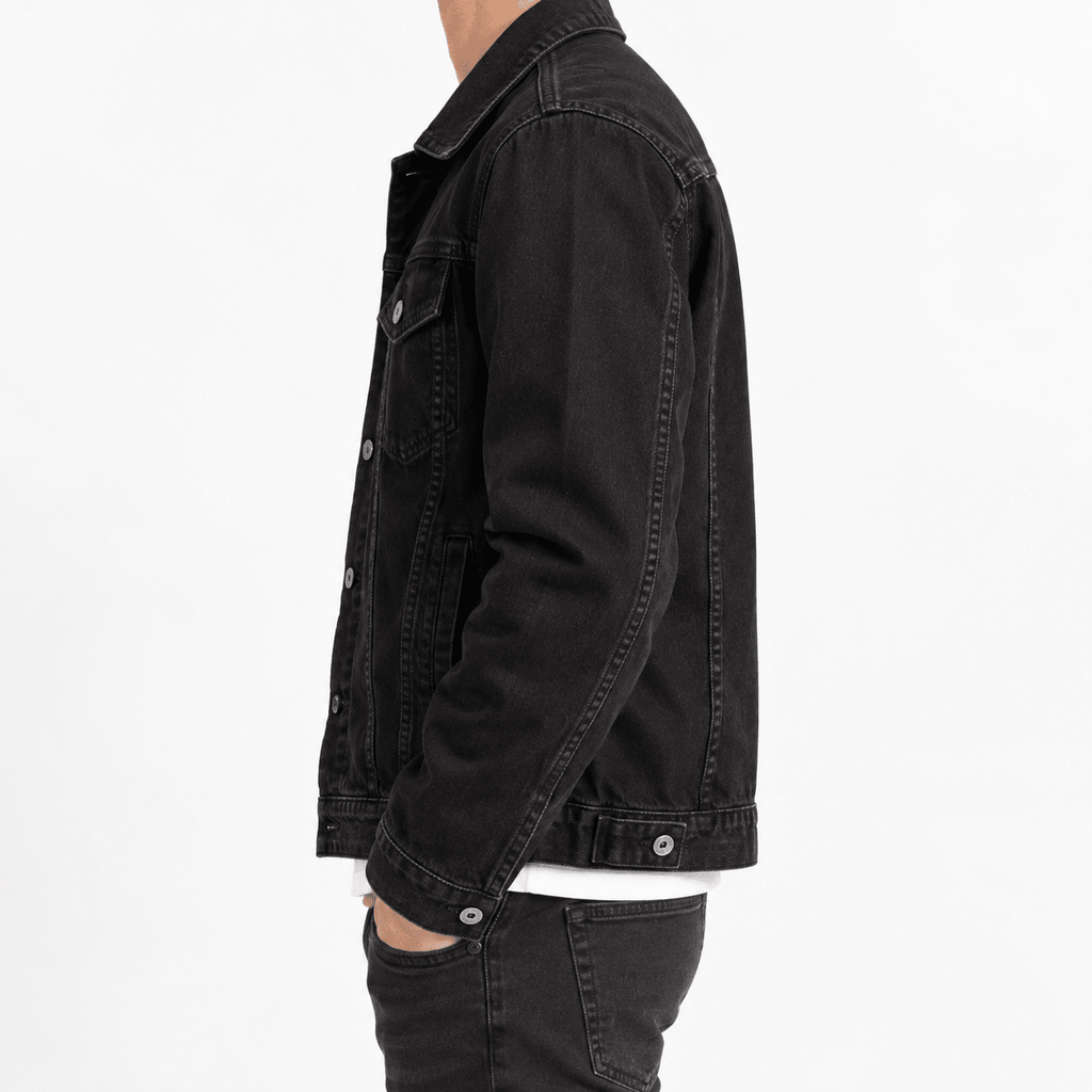 Men's Black Denim Jacket with Button Front and Chest Pockets - Dorotakora