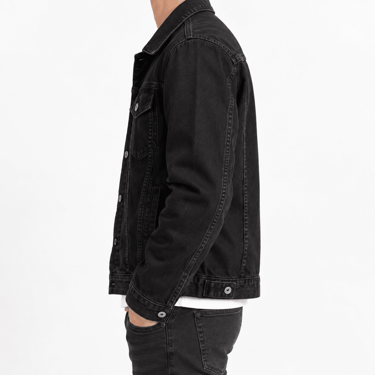 Men's Black Denim Jacket with Button Front and Chest Pockets - Dorotakora