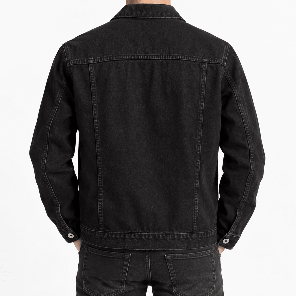 Men's Black Denim Jacket with Button Front and Chest Pockets - Dorotakora