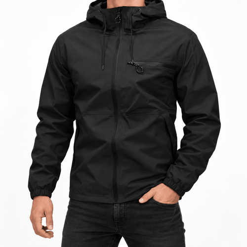 Men's Black Hooded Jacket with Full Zip and Chest Pocket - Dorotakora