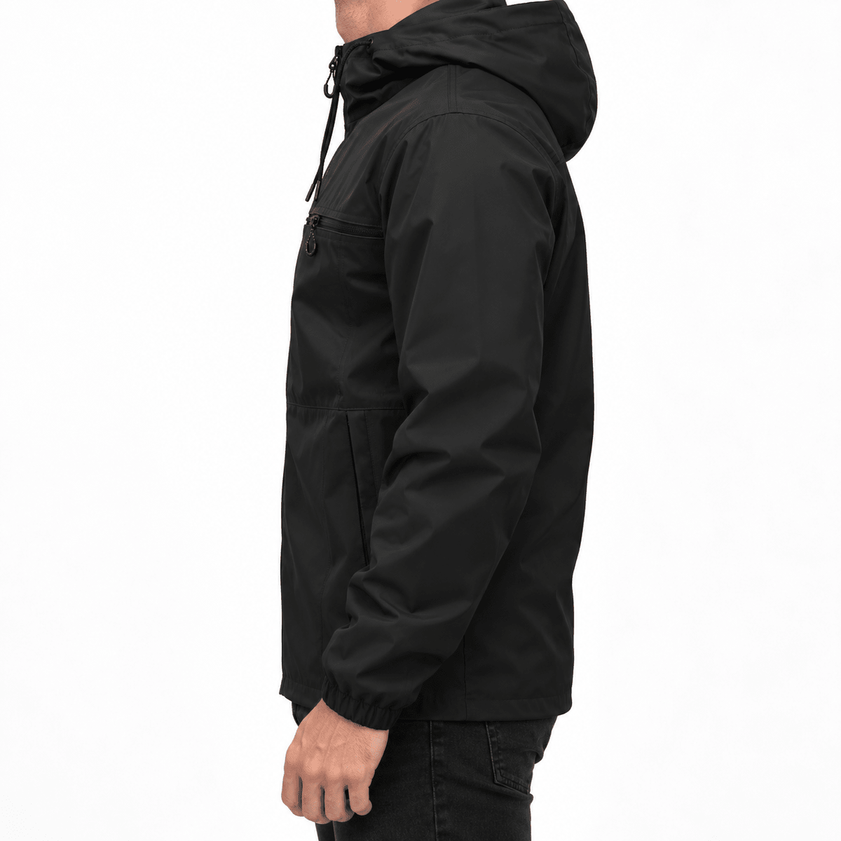 Men's Black Hooded Jacket with Full Zip and Chest Pocket - Dorotakora