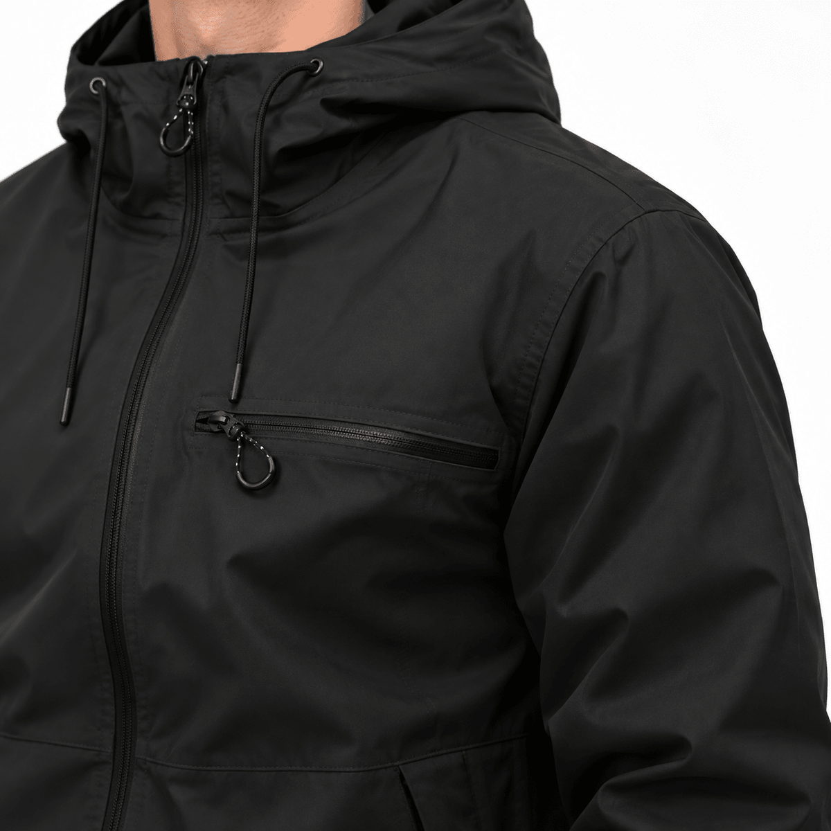 Men's Black Hooded Jacket with Full Zip and Chest Pocket - Dorotakora