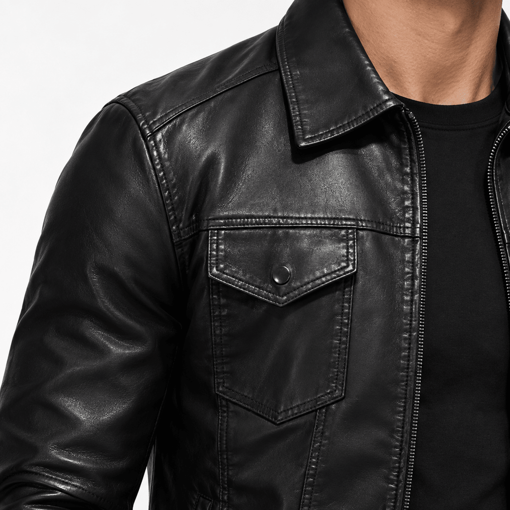 Men's Black Leather-Look Jacket with Zip Front and Chest Pockets - Dorotakora