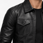 Men's Black Leather-Look Jacket with Zip Front and Chest Pockets - Dorotakora