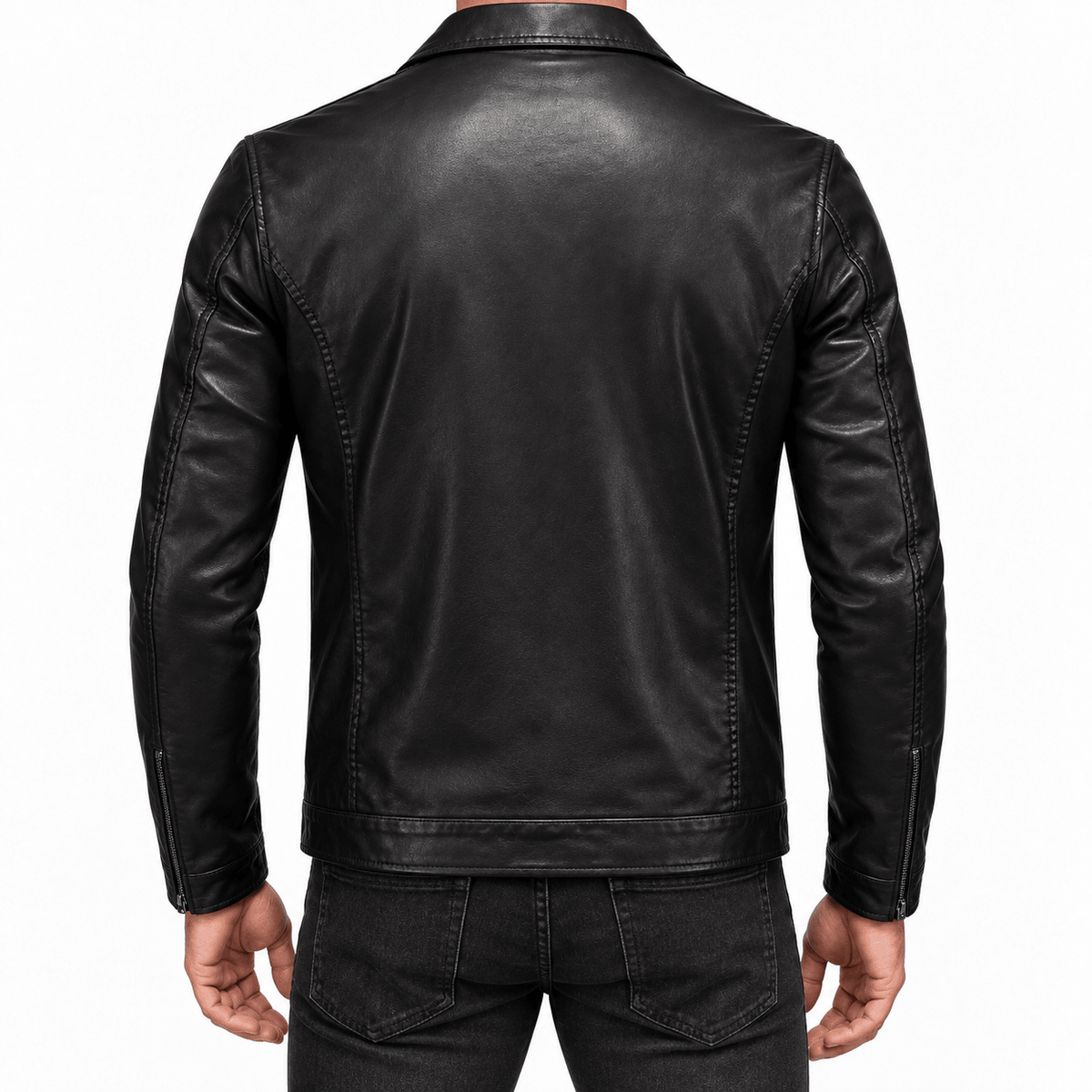 Men's Black Leather-Look Jacket with Zip Front and Chest Pockets - Dorotakora