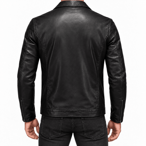 Men's Black Leather-Look Jacket with Zip Front and Chest Pockets - Dorotakora