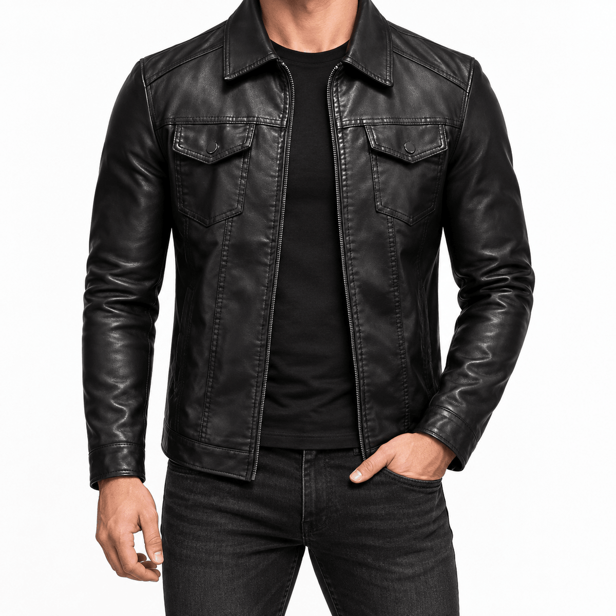 Men's Black Leather-Look Jacket with Zip Front and Chest Pockets - Dorotakora