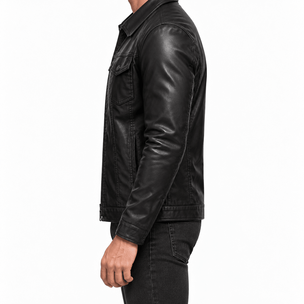 Men's Black Leather-Look Jacket with Zip Front and Chest Pockets - Dorotakora