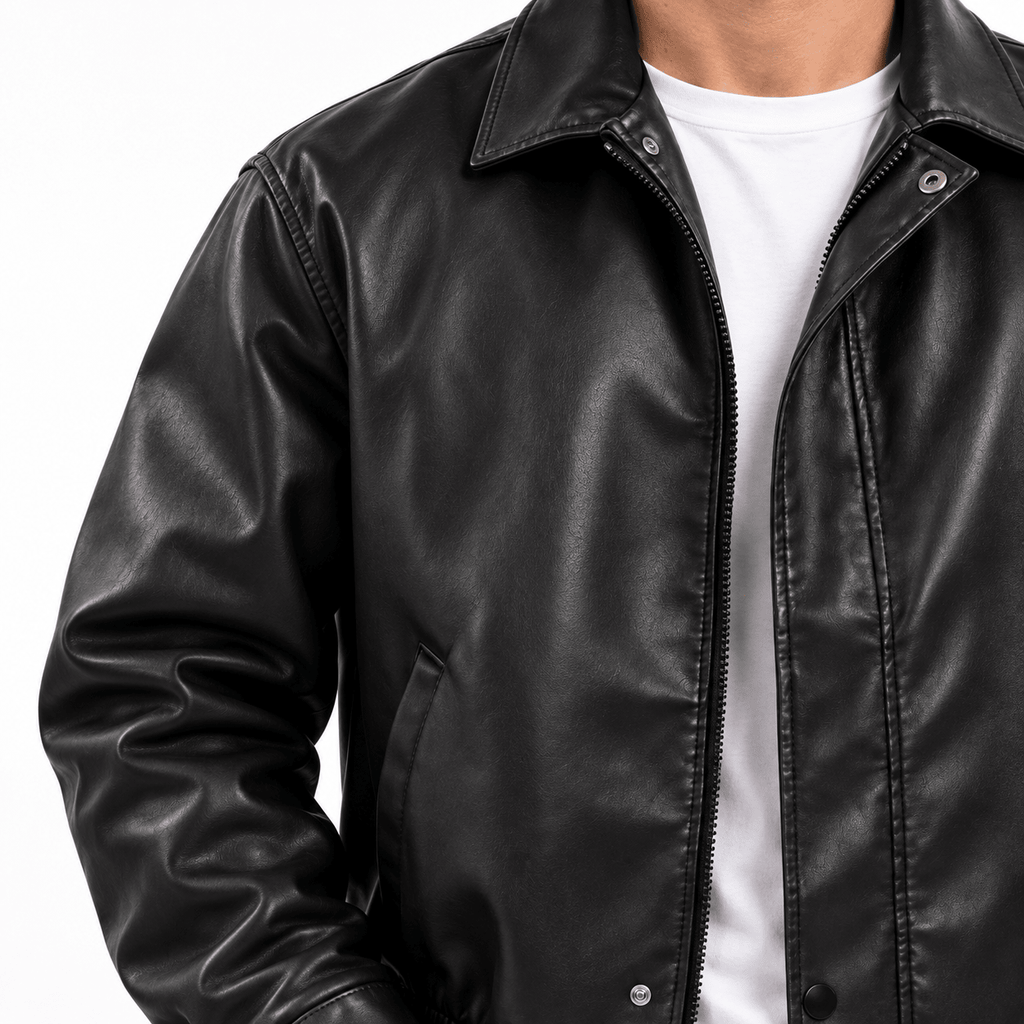 Men's Black Leather-Look Jacket with Zip Front and Side Pockets - Dorotakora