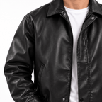 Men's Black Leather-Look Jacket with Zip Front and Side Pockets - Dorotakora