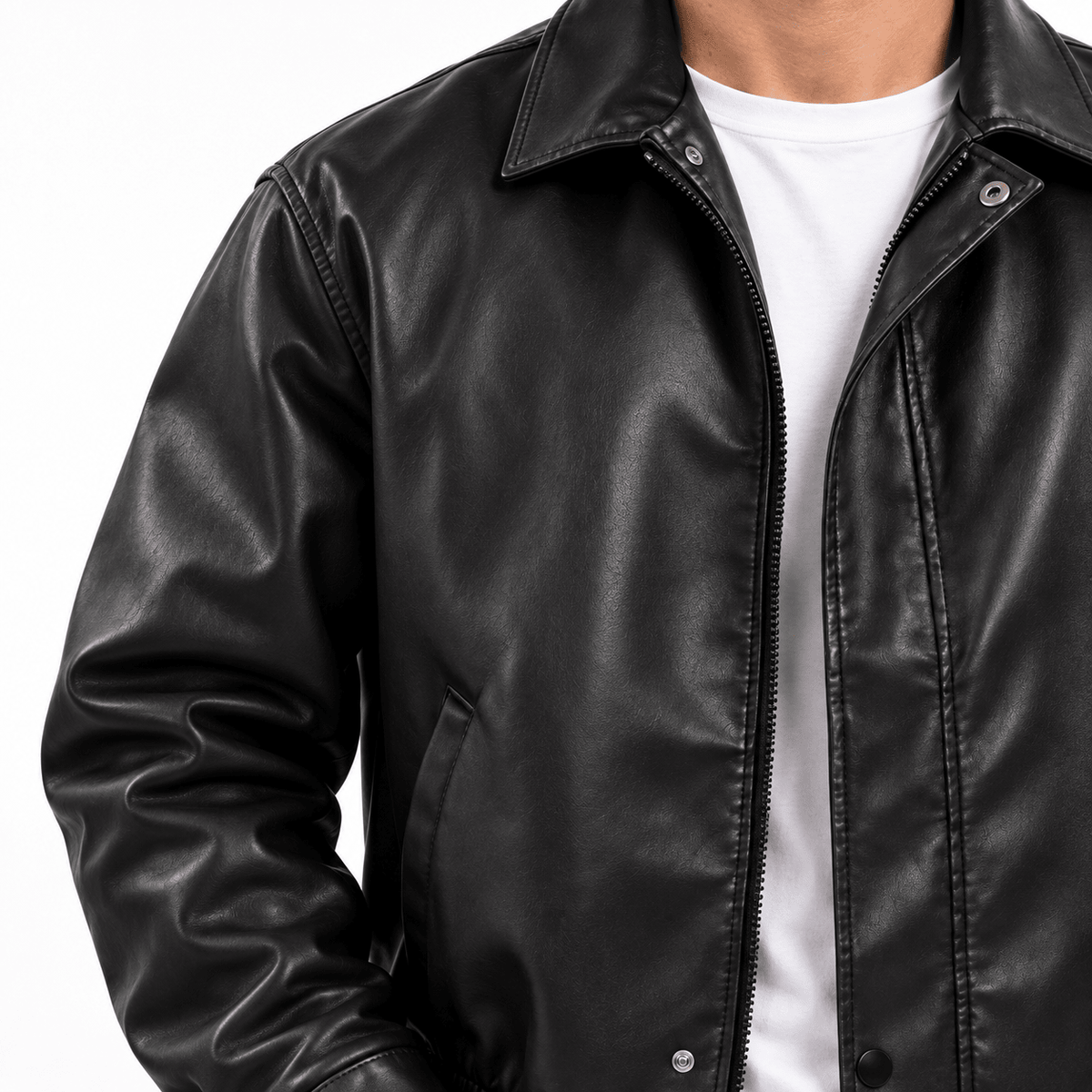 Men's Black Leather-Look Jacket with Zip Front and Side Pockets - Dorotakora