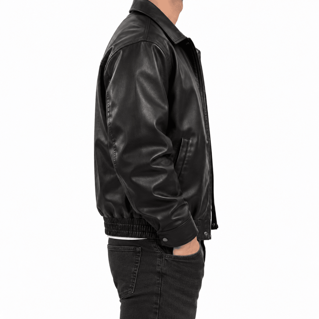 Men's Black Leather-Look Jacket with Zip Front and Side Pockets - Dorotakora