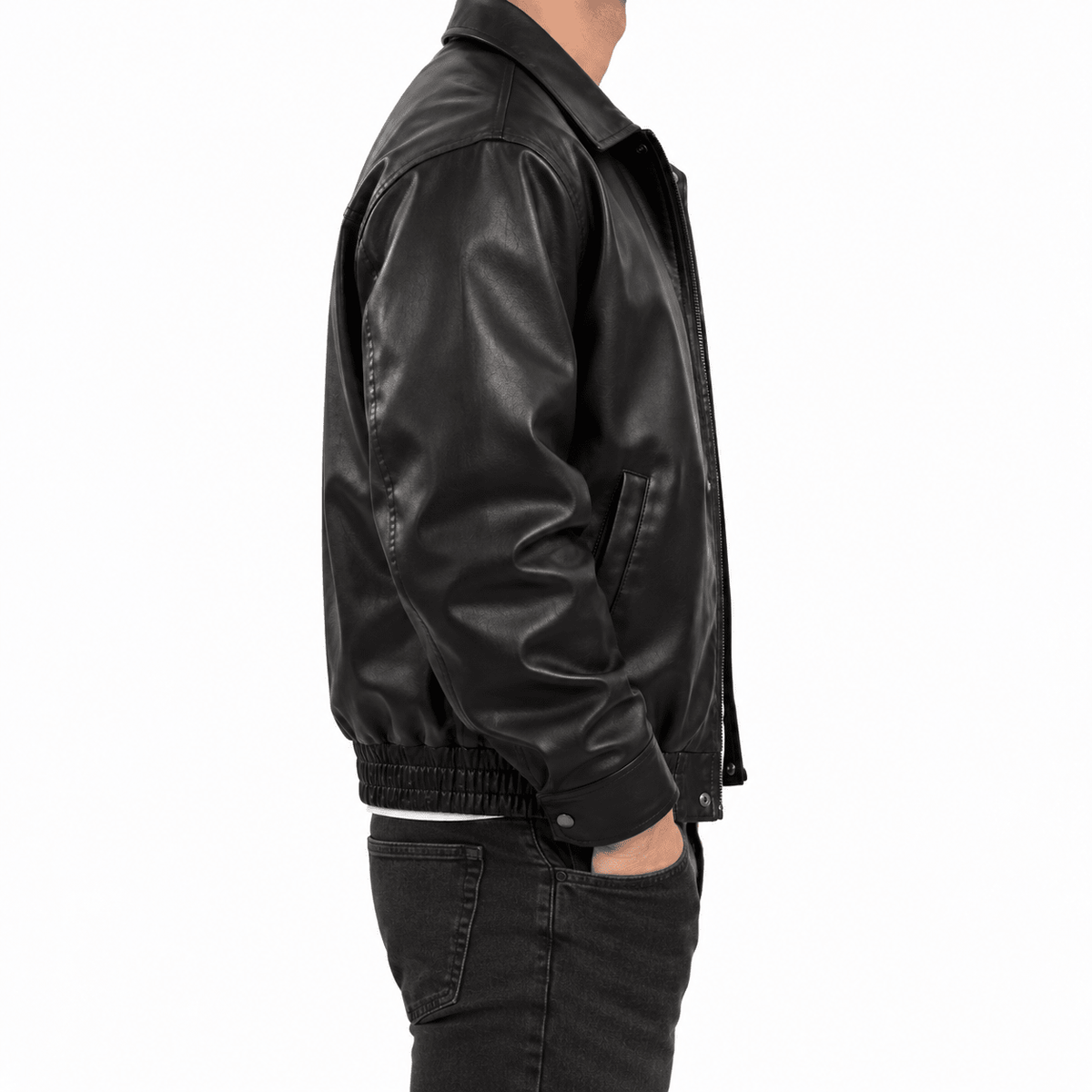 Men's Black Leather-Look Jacket with Zip Front and Side Pockets - Dorotakora