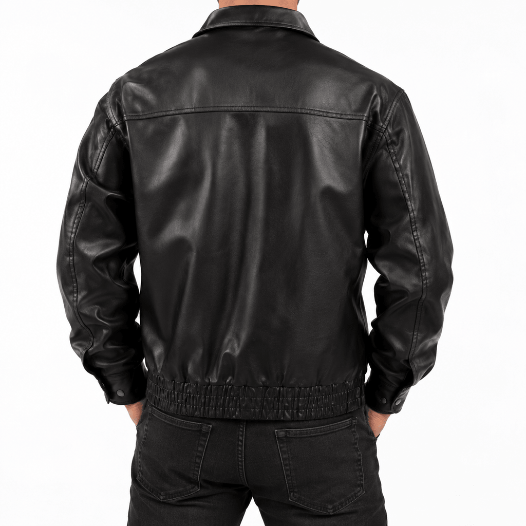 Men's Black Leather-Look Jacket with Zip Front and Side Pockets - Dorotakora