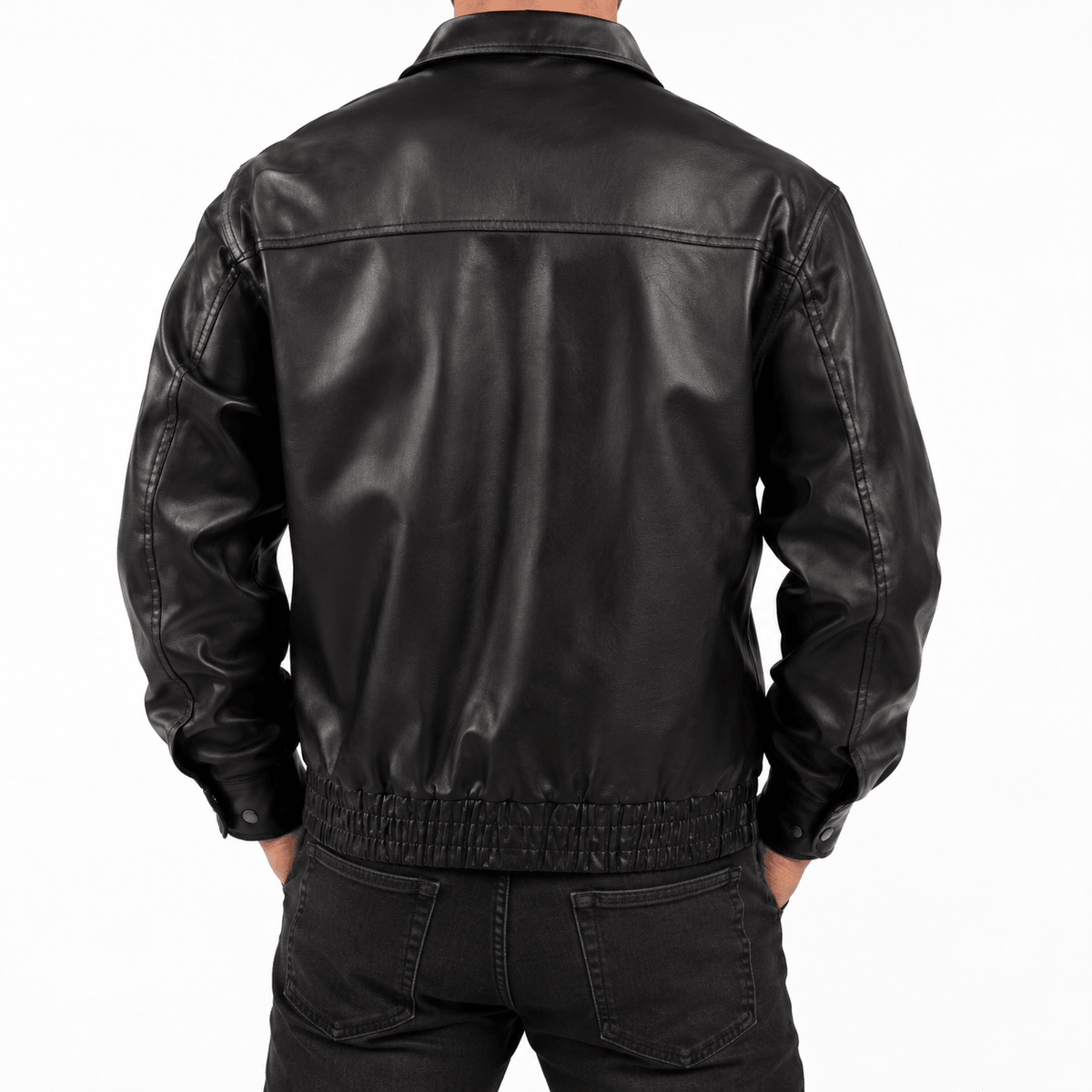 Men's Black Leather-Look Jacket with Zip Front and Side Pockets - Dorotakora