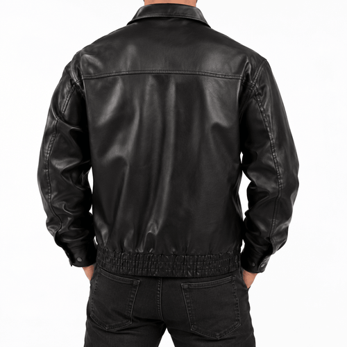 Men's Black Leather-Look Jacket with Zip Front and Side Pockets - Dorotakora