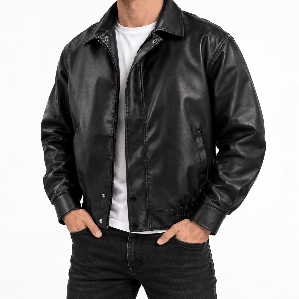 Men's Black Leather-Look Jacket with Zip Front and Side Pockets - Dorotakora