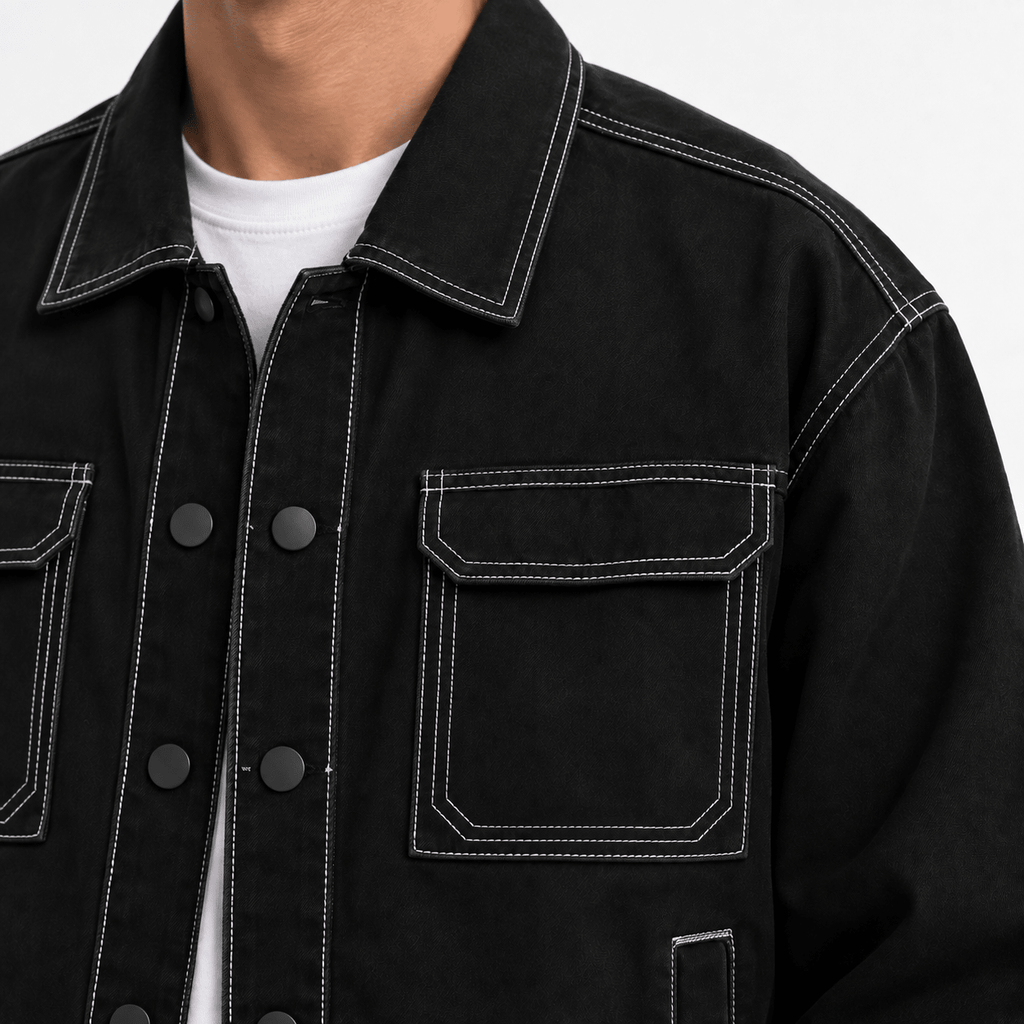 Men's Black Trucker Jacket with Contrast Stitching and Chest Pockets - Dorotakora