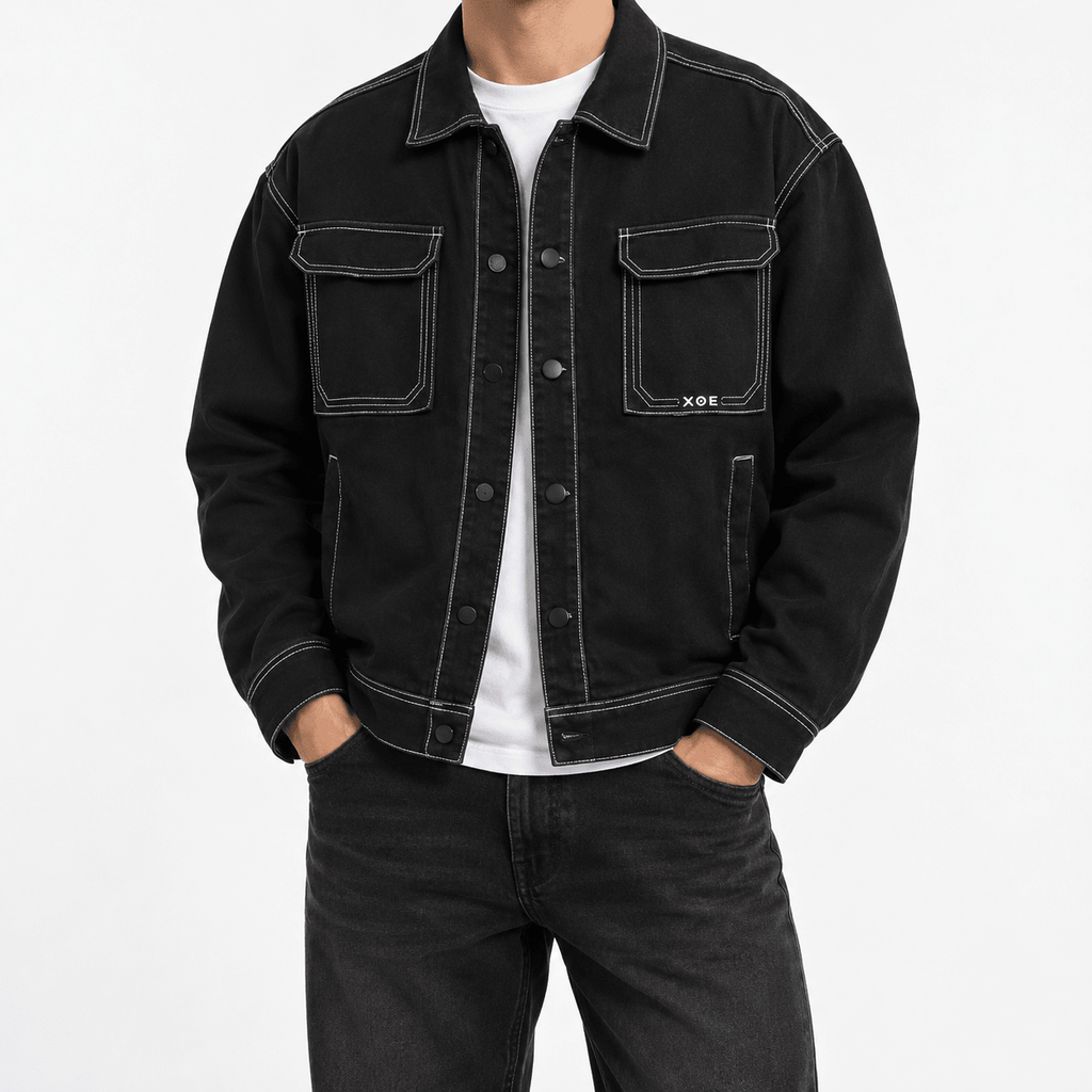 Men's Black Trucker Jacket with Contrast Stitching and Chest Pockets - Dorotakora