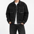 Men's Black Trucker Jacket with Contrast Stitching and Chest Pockets - Dorotakora