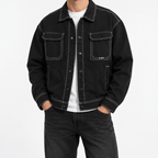 Men's Black Trucker Jacket with Contrast Stitching and Chest Pockets - Dorotakora