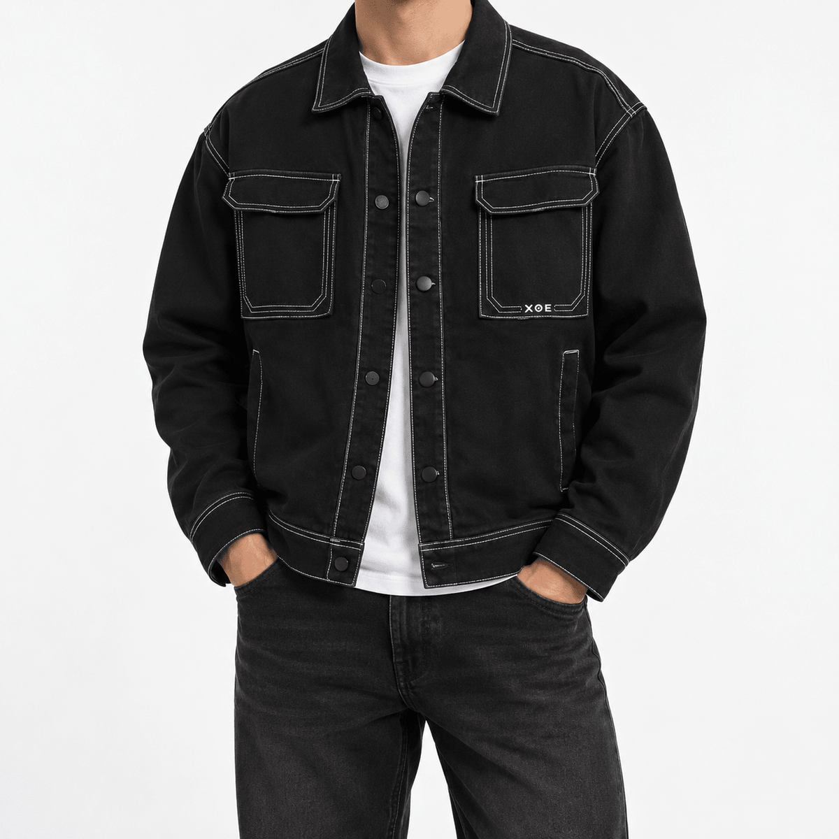 Men's Black Trucker Jacket with Contrast Stitching and Chest Pockets - Dorotakora