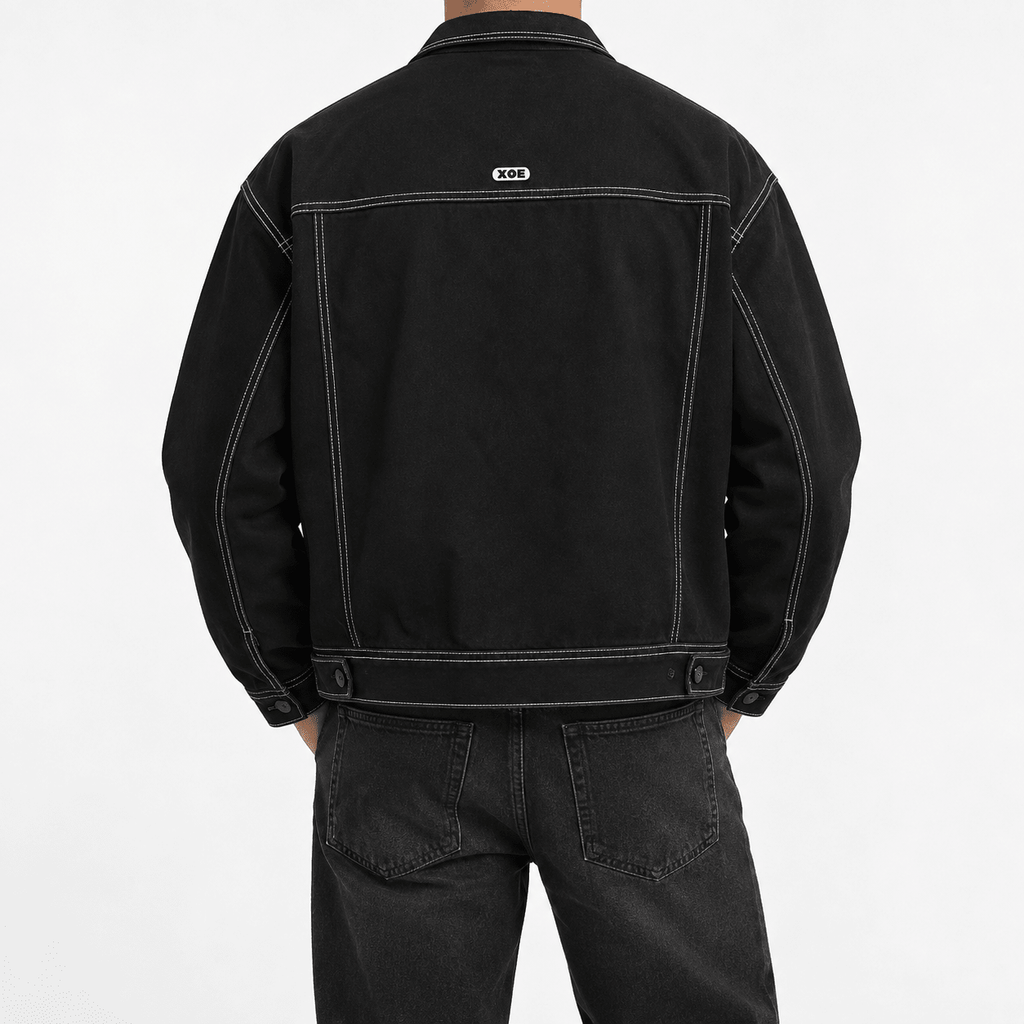 Men's Black Trucker Jacket with Contrast Stitching and Chest Pockets - Dorotakora