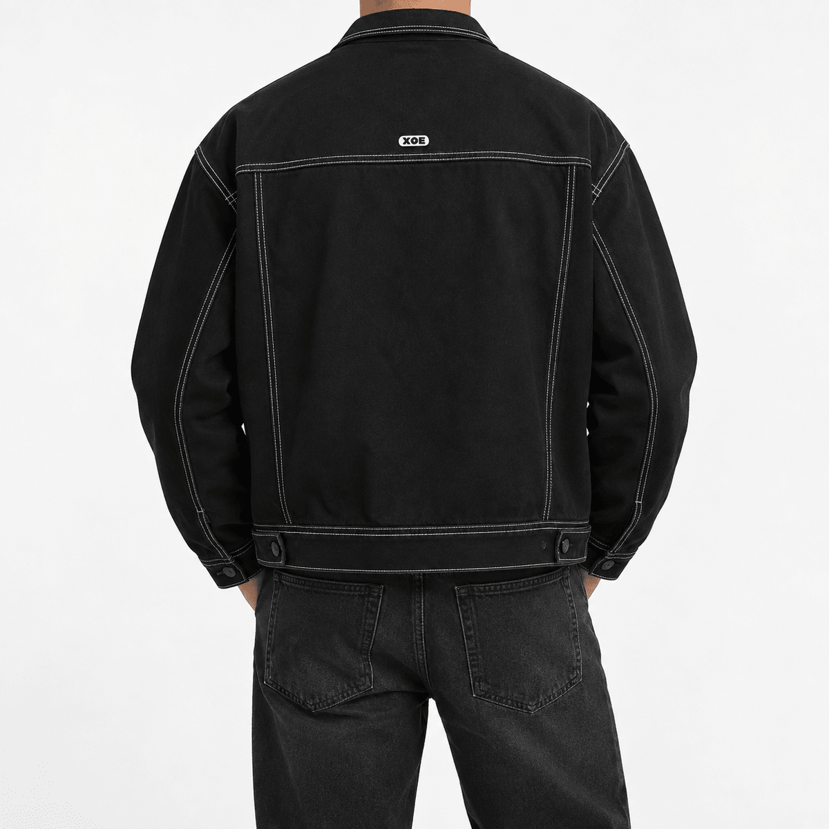 Men's Black Trucker Jacket with Contrast Stitching and Chest Pockets - Dorotakora