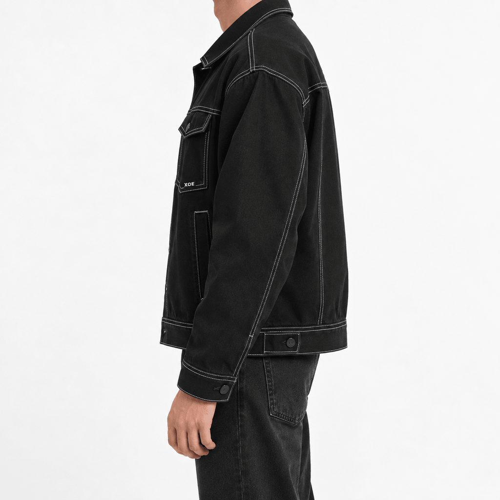 Men's Black Trucker Jacket with Contrast Stitching and Chest Pockets - Dorotakora